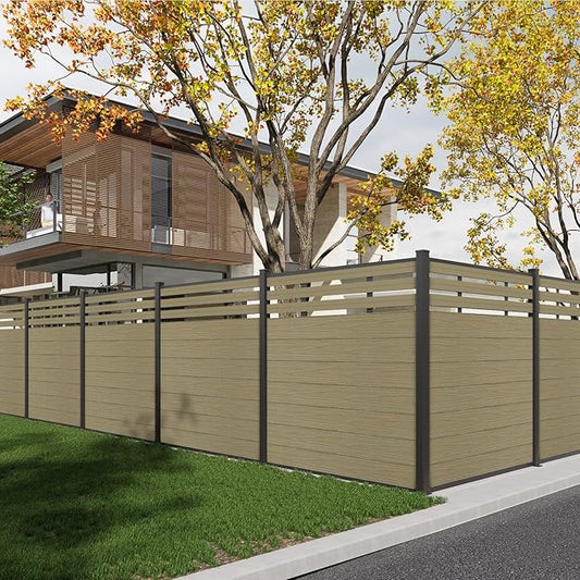 Mondaria Semi-Closed Privacy Fence Panels with 2 Posts for Outside, 6ft(W) x 6ft(H), Wind Resistant Wood Plastic Composite Fencing Panels for Patio, Backyard, Garden and Pool, Ancient Wood