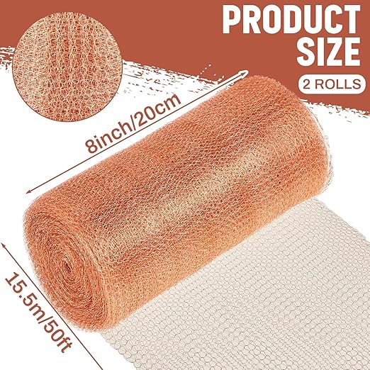 Gisafai 8" x 100 ft Copper Mesh Rodent Control Copper Wool for Slugs Rustproof DIY Hole Filler Pure Wire Mesh for Bat Snail Bird Pest Rodent Control Gap Blocker Fill Fabric Hole Gardening (2 Roll)