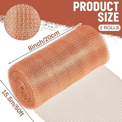 Gisafai 8" x 100 ft Copper Mesh Rodent Control Copper Wool for Slugs Rustproof DIY Hole Filler Pure Wire Mesh for Bat Snail Bird Pest Rodent Control Gap Blocker Fill Fabric Hole Gardening (2 Roll)