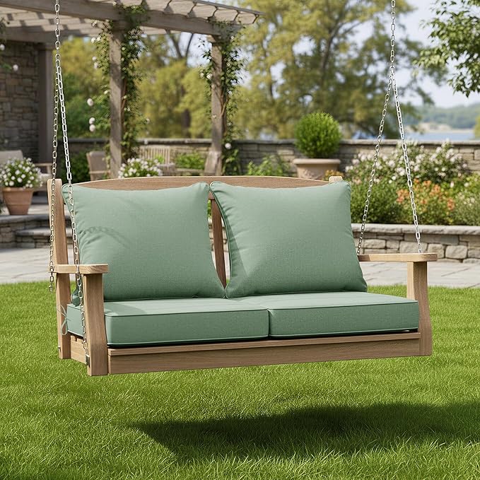 Summsun Outdoor Cushions for Patio Furniture, Faux Linen Water Resistant Backrest and Seat Cushion Set with Removable Cover, Ties, Non-Slip Bottom, 19 x 19 Inch, Sage Green, Set of 2