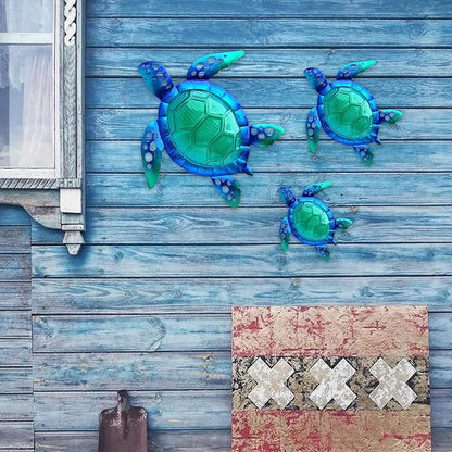 JOYBee Sea Turtle Wall Art Decor, Metal & Glass Sea Life Nautical Home Wall Hanging Decor,Ocean Theme Coastal Decorations for Indoor Outdoor Bathroom and Garden-Blue（Set of 3）