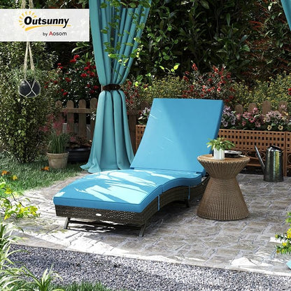 Outsunny Wicker Chaise Lounge Chair Outdoor with Wheels & Cushion, PE Rattan Patio Lounge Chair with 5-Level Adjustable Backrest for Poolside, Garden, Sky Blue