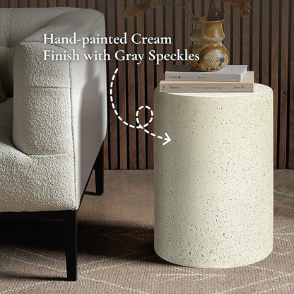 LuxenHome Cream with Speckled Gray Cement Round Indoor Outdoor Side and End Table (Set of 2)