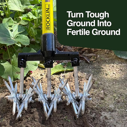 Rocklin New Heavy-Duty Rotary Cultivator Tool - 2X the Steel - 60” Extra Long Handle - Steel Tines - Heavy Duty - for All Soils - Till, Aerate, Weed, or Mix