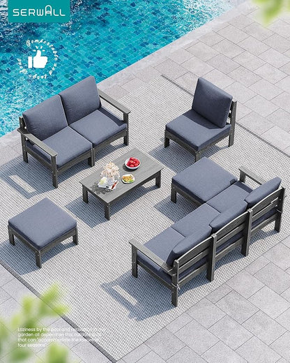 SERWALL 9 Pieces Patio Sofas with 15FT Double Side Patio Umbrella, All-Weather HDPE Outdoor Sectional Sofa, Extra-Large Modular Conversation Set for Patio, Garden, Deck, Grey Frame with Grey Cushion