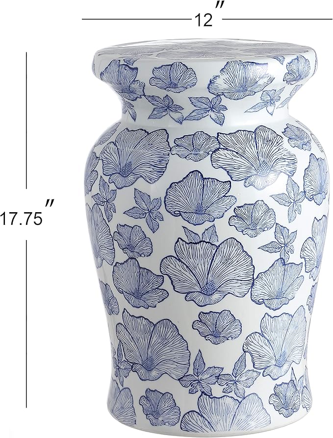 JONATHAN Y Poppies 17.75" Ceramic Drum Garden Stool, Traditional White and Blue Floral Chinoiserie Indoor/Outdoor Side Table, Plant Stand, Patio, White/Blue TBL1018A