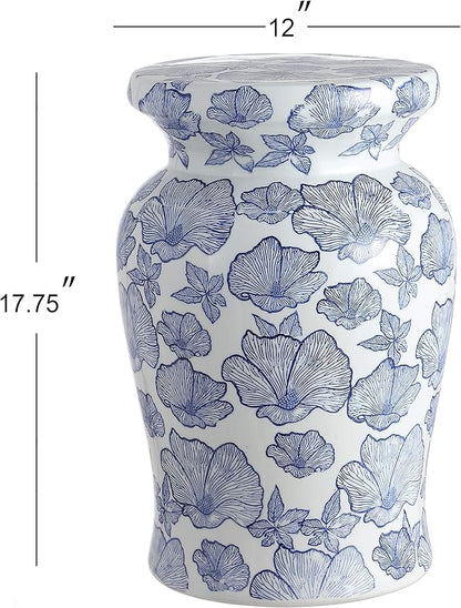 JONATHAN Y Poppies 17.75" Ceramic Drum Garden Stool, Traditional White and Blue Floral Chinoiserie Indoor/Outdoor Side Table, Plant Stand, Patio, White/Blue TBL1018A