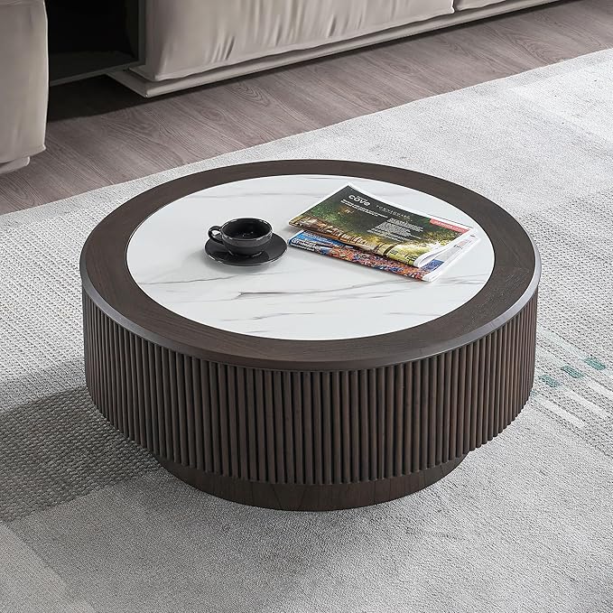 kevinplus ø31.49'' Round Faux Marble Coffee Table & Side End Table Set of 2 for Living Room, Modern Contemporary Circle Drum Embossment Fluted Pedestal Wooden Design, No Assembly (Dark Brown, 2-Pcs)