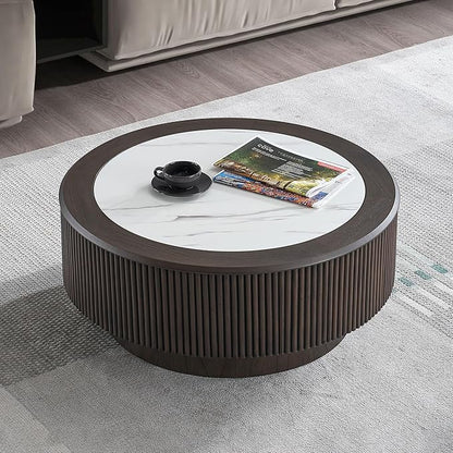 kevinplus ø31.49'' Round Faux Marble Coffee Table & Side End Table Set of 2 for Living Room, Modern Contemporary Circle Drum Embossment Fluted Pedestal Wooden Design, No Assembly (Dark Brown, 2-Pcs)