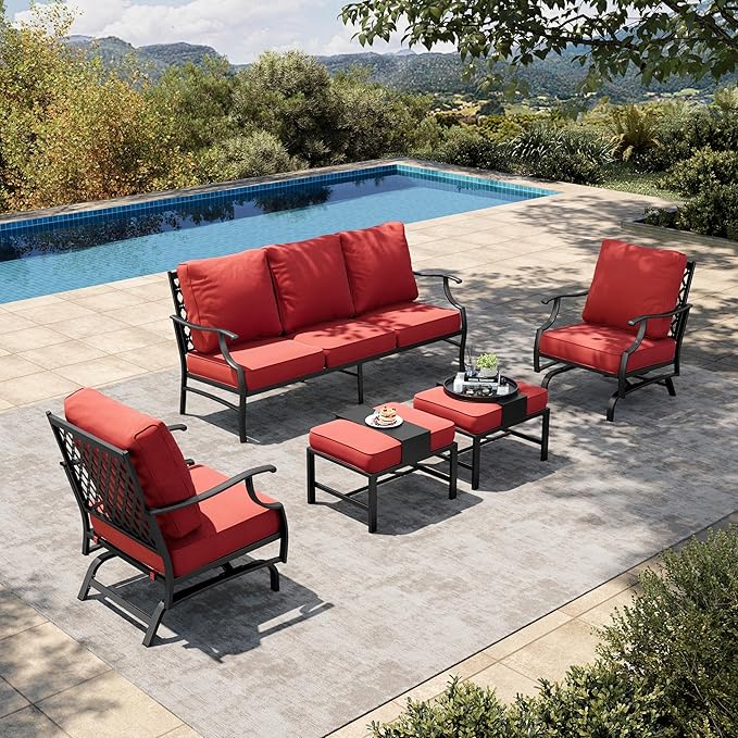 HERA'S HOUSE 5 Pieces Patio Furniture Set, 2 x Rocking Chair, 2 x Ottoman, 1 x 3-Seat Sofa, All Cushioned 7 Seats Metal Outdoor Conversation Set for Lawn Garden Backyard