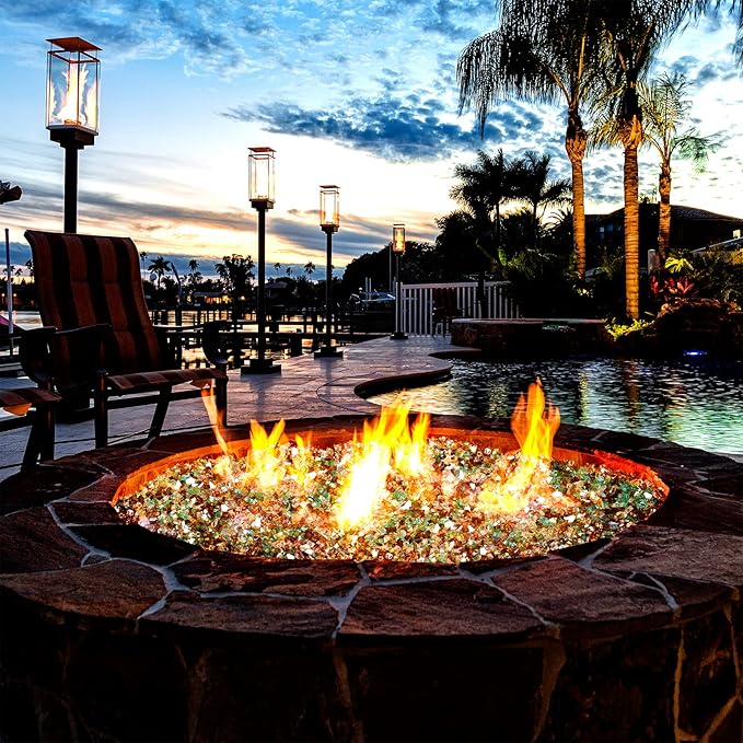 Mr. Fireglass Blended Reflective Fire Glass for Fire Pit Fireplace and Landscaping, 10 Pounds 1/4 Inch Mixed Colored High Luster Fireglass Rocks for Outdoor and Indoor Use Copper+Gold+Light Green