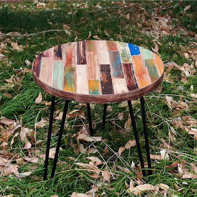 Multi Color Side Table 17.5" x 17.5" x 20" H Accent Reclaimed Wood Coffee Tables Vintage Round Rustic Plant Stand Outdoor Patio End Tables Living Room Bedroom