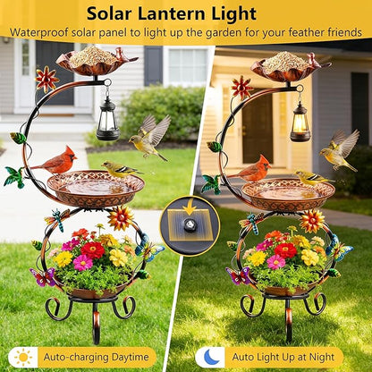 Metal Bird Bath for Outside, 3 in 1 Large Bird Birdbaths for Outdoors with Solar Lamp & Flower Planter Pedestal, Vintage Freestanding Bird Feeder Water Bowl for Garden Yard Lawn Decor, Bronze