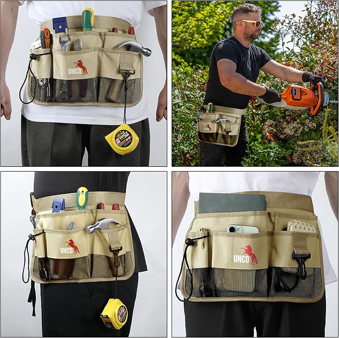 UNCO- Adjustable Gardening Belt, Khaki, 7 Pockets, Wear, Cut and Water Resistant, Garden Tool Belt Pouch, Waist Apron with Pockets