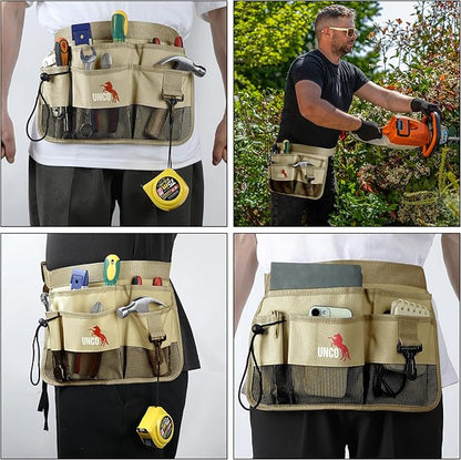 UNCO- Adjustable Gardening Belt, Khaki, 7 Pockets, Wear, Cut and Water Resistant, Garden Tool Belt Pouch, Waist Apron with Pockets
