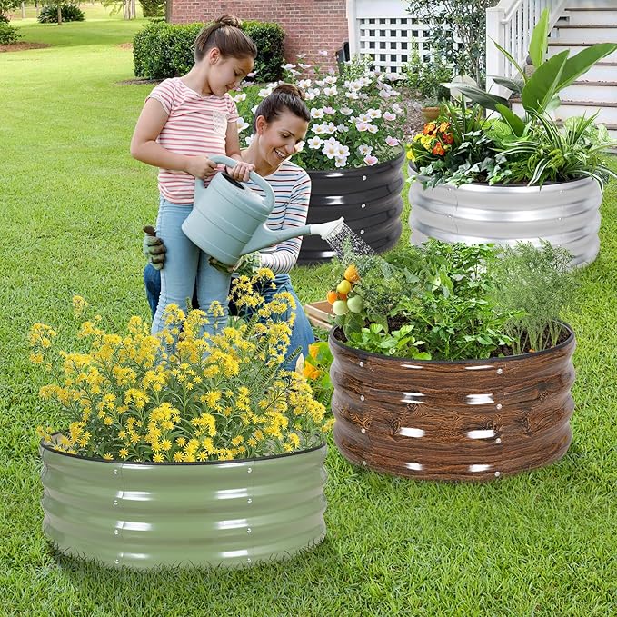 Galvanized Raised Garden Bed- 2Pcs 2x2x1FT Metal Planter Boxes Outdoor | Round Steel Raised Bed Kit & Fire Pit Ring for Gardening with Protective Tape, Gloves for Vegetables, Flower (Green)
