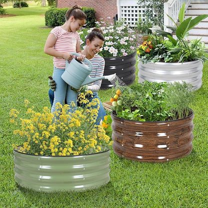 Galvanized Raised Garden Bed- 2Pcs Metal Planter Boxes Outdoor | 12" Tall 24" Round Steel Raised Bed Kit & Fire Pit Ring for Gardening with Protective Tape for Vegetables, Flower (Grey)