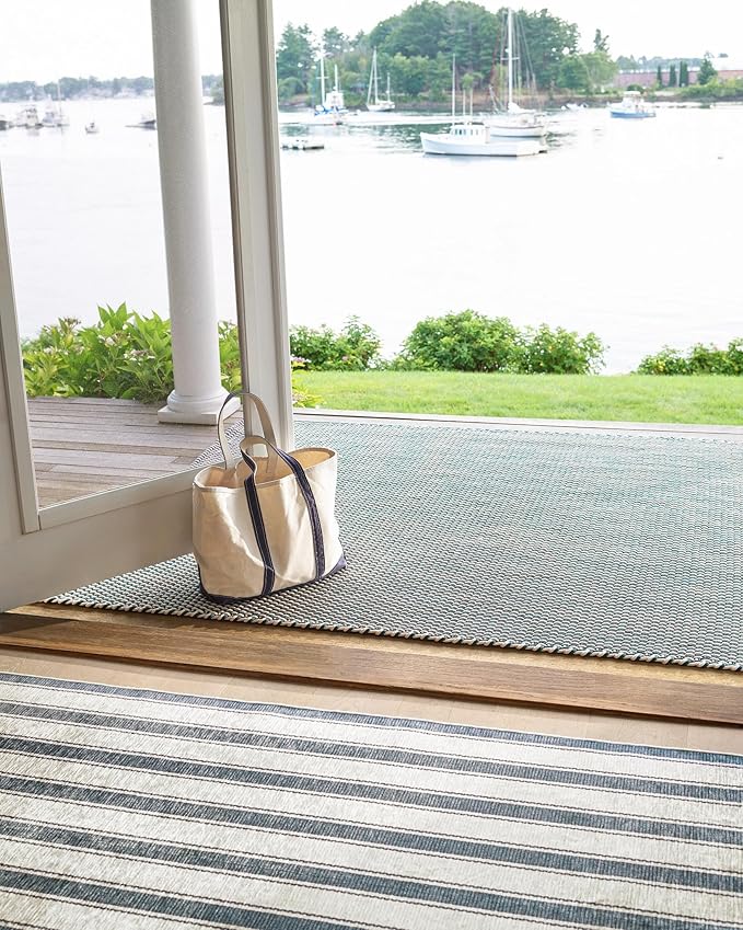 Dash & Albert Awning Stripe Blue Machine Washable Rug, 8.5 X 11.5 Feet, Blue Stripe Pattern