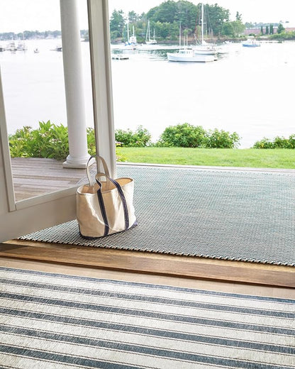 Dash & Albert Awning Stripe Blue Machine Washable Rug, 7.5 X 9.5 Feet, Blue Stripe Pattern