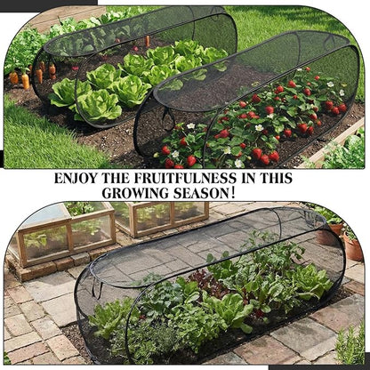 2 Pcs 39" x 18" x 16" Pop up Garden Mesh Plant Cover Outdoor Plant Protector Garden Row Raised Bed Cover with Ground Nails Crop Cage Net for Seedlings Vegetable Fruit Herbs (Black)