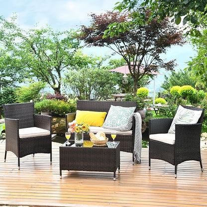 COSTWAY 4PCS Rattan Patio Furniture Set, Outdoor Wicker Rattan Chairs with Coffee Table, Rattan Cushioned Conversation Set for Backyard Balcony Porch Poolside, Brown