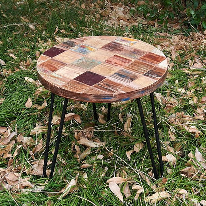 Wood Multi Color Side Table 17.5" x 17.5" x 20" H Reclaimed Vintage Round Accent Coffee Table Wooden Rustic Outdoor Patio End Tables Plant Stand Living Room Bedroom