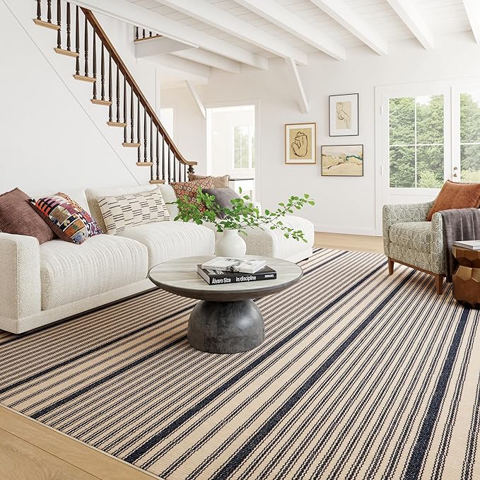 Dash & Albert Axiom Navy Machine Washable Rug, 6 X 9 Feet, Blue/Ivory Stripe Pattern