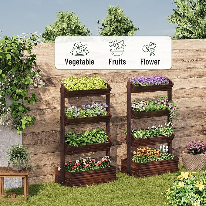Vertical Wooden Raised Garden Bed, Garden Planters Freestanding Wood Plant Stand Flower Rack Wooden Planter Box for Plants Herbs Flowers Vegetables Outdoor Indoor Gardening (4-Tier Carbonized)