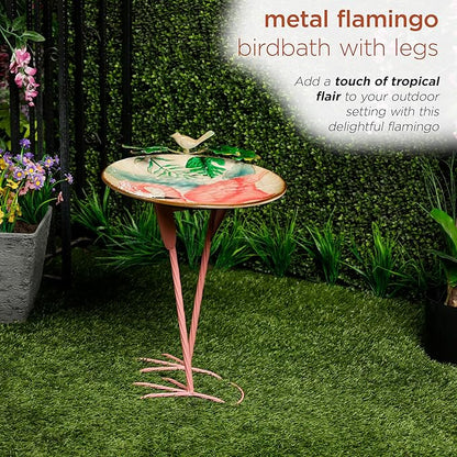 Alpine Corporation ORS876 Outdoor Metal Birdbath w/ Stylish Stand, Flamingo Pattern Birdbath Bowl and Stand, 23"H, Pink/Blue
