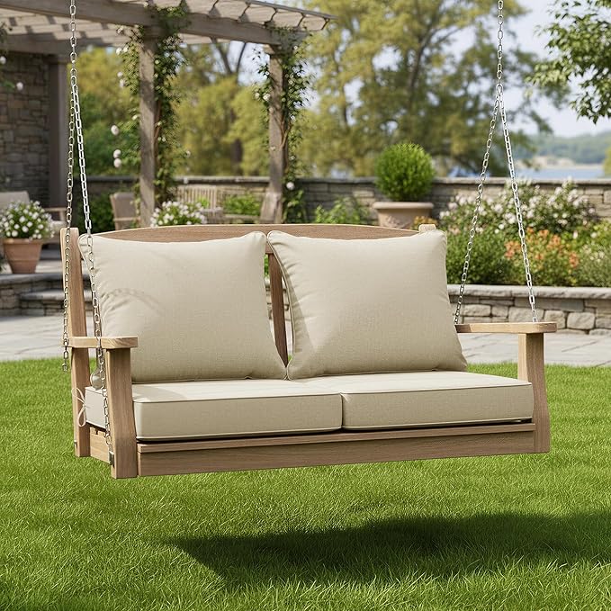 Summsun Patio Chair Cushions Set of 2, Faux Linen Outdoor Furniture Cushions, Water Resistant Backrest and Deep Seat Cushion Set with Straps, Removable Cover, Non-Slip Bottom, 22 x 22 Inch, Beige