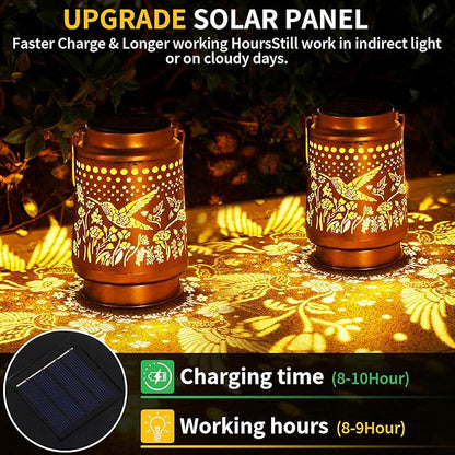 2 Pack Solar Lanterns Outdoor Waterproof, Hanging Metal Hummingbird Decorative Lights for Garden Patio Yard Porch Pathway, Solar Powered Outdoor Lantern Gifts for Women Mom Grandma