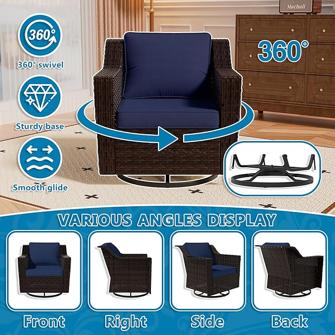 Vista Vibe 4 Pieces Outdoor Patio Conversation Furniture Set - 78" 3-Seat Sofa | 2 Swivel Glider Rocker Chairs | Wicker End Table, Rattan Loveseat, Upholstered Couch, Garden, Deck (Brown/Navy)