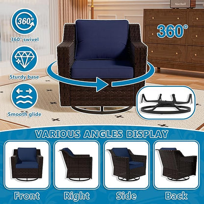 Vista Vibe 4 Pieces Outdoor Patio Conversation Furniture Set - 78" 3-Seat Sofa | 2 Swivel Glider Rocker Chairs | Wicker End Table, Rattan Loveseat, Upholstered Couch, Garden, Deck (Brown/Navy)