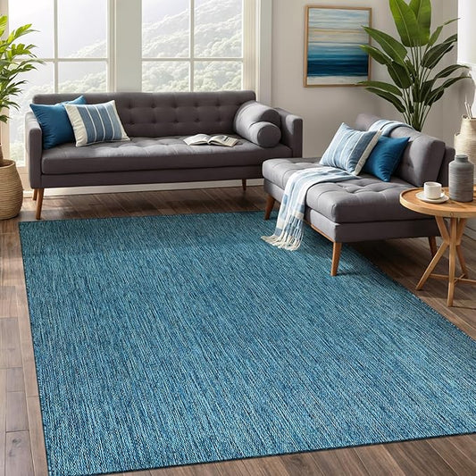 Beverly Rug Indoor Outdoor Rug 8x10, Washable Outside Carpet for Patio, Deck, Porch, Solid Modern Area Rug, Water Resistant, Aqua Blue