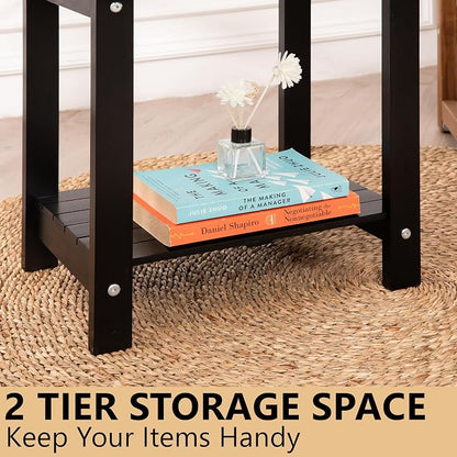 VICTORY RELAX Solid Acacia Wood Side Table with 2-Tier Storage, Weather-Resistant Outdoor Indoor End Table, Black Rustic Color Night Stand