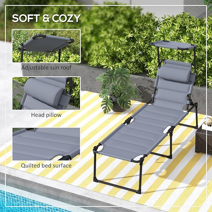 Outdoor Lounge Chair, Tanning Chair with Sunshade Roof, Adjustable Backrest Folding Chaise Lounge with Pillow Headrest for Outside, Beach, Camping, Hiking (Sunshade Roof, Grey)