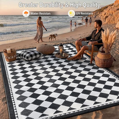 HUGEAR Outdoor Waterproof Rug 9'x12' Plastic Straw Rugs Washable Reversible Floor Mat Black/White Plaid Carpet for Camping RV Deck Entryance Porch Picnic Balcony Beach Backyard