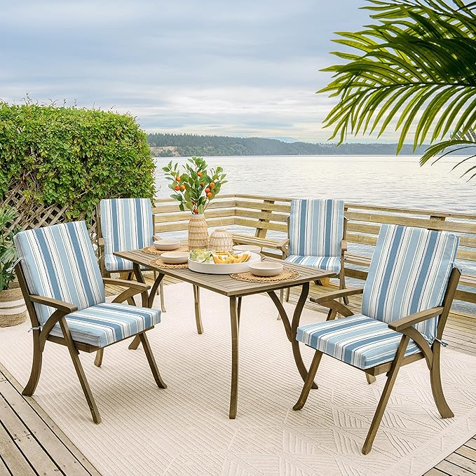 Arden 4-Pack Outdoor Patio Dining Chair Cushion, 20x44, Rain-Proof Seat Pad, Fade-Resistant Outdoor Cushion French Blue Linen Stripe