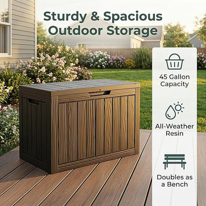 45 Gallon Deck Box, Waterproof Resin Outdoor Storage Box Lockable for Patio Furniture, Fade Resistant Patio Side Table & Organizer for Garden Tools, Pool Floats, Outdoor Cushions, Black
