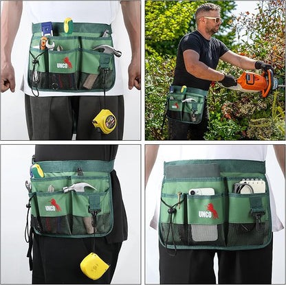 UNCO- Adjustable Gardening Belt, Green, 7 Pockets, Wear, Cut and Water Resistant, Garden Tool Belt Pouch, Waist Apron with Pockets