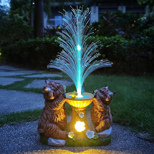 Solar Highland Cow Garden Decor -Resin Highland Cows Figurines Lights and Colour Changing Optical Fiber with Solar LED Lights,Outdoor Statues Decoration for Patio Yard Lawn