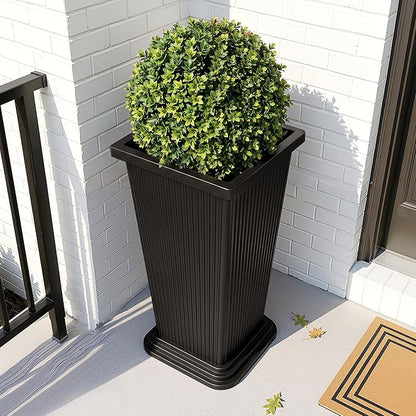 Tall Black Planters Outdoor Set of 2, Large Outdoor Tall Planters Pots with Tray, Modern Tapered Flower Planter for Front Porch, Patio, Garden (24", Ribbed)