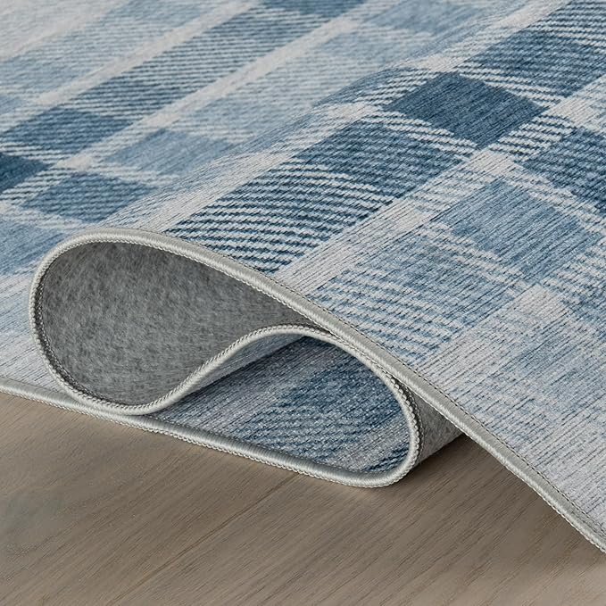 Dash & Albert Andri Plaid Blue Machine Washable Rug, Runner-2.5 X 8 Feet, Blue/White Plaid Pattern