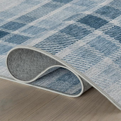 Dash & Albert Andri Plaid Blue Machine Washable Rug, Runner-2.5 X 8 Feet, Blue/White Plaid Pattern