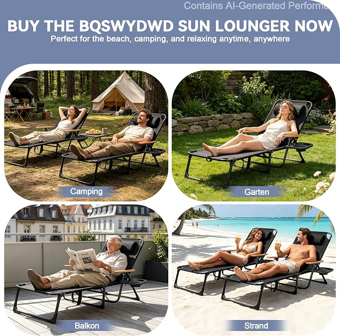 Beach Lounge Chairs with Armrests, 4-Position Folding Lounge Chairs for Outside, Sunbathing Portable Lounge Chaise, Tanning Chair Pillow & Cup Holder, for Outside Beach Pool (Black)