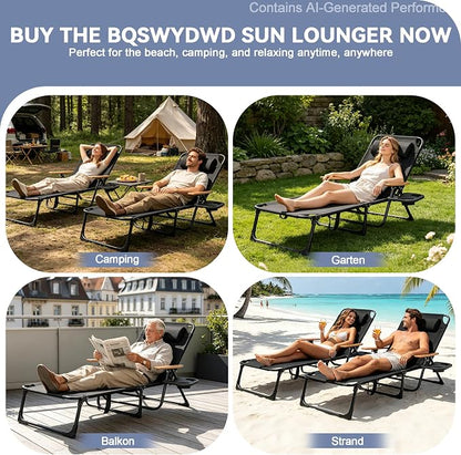 Beach Lounge Chairs with Armrests, 4-Position Folding Lounge Chairs for Outside, Sunbathing Portable Lounge Chaise, Tanning Chair Pillow & Cup Holder, for Outside Beach Pool (Black)