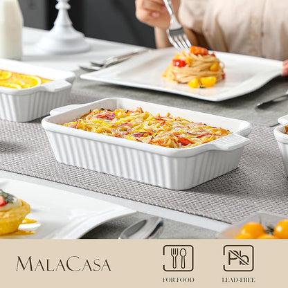 MALACASA Casserole Dishes for Oven, Porcelain Baking Dishes, Ceramic Bakeware Sets of 4, Rectangular Lasagna Pans with Handles for Baking Cake Kitchen, White (9.4"/11.1"/12.2"/14.7")