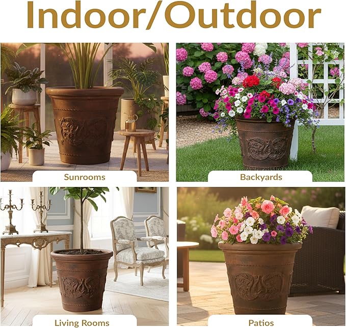 Sunnydaze 19.5-Inch Arabella Large Plastic Pot for Plants - Outdoor Double-Walled Polyresin Large Plastic Planter with Drillable Drainage Holes - Rust - 4-Pack