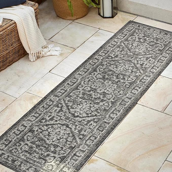 JONATHAN Y Boho Medallion Indoor Outdoor Runner Rug 2X8 Black/Gray, Malta Textured Weave for Backyard, Patio, Porch, Easy-Cleaning, High Traffic, Pet-Friendly, Non-Shedding (SMB104C-28)