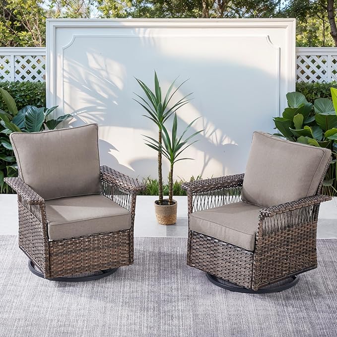 Patio Furniture Set with Fire Pit Table, 7PCS Patio Conversation Set Brown Resin Wicker Swivel Patio Chair Sofa Ottoman Set with Side Table and Fire Table PE Rattan Furniture Set